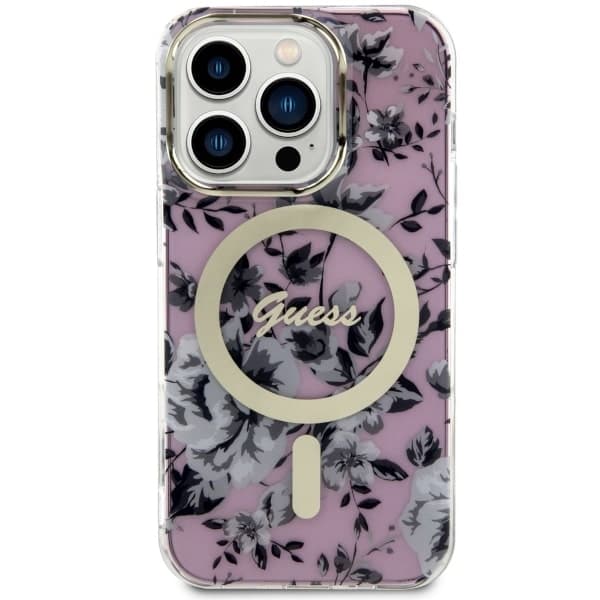 Guess ovitek za iPhone 14 Pro 6.1" roza Flower MagSafe 3