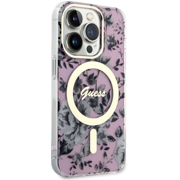 Guess ovitek za iPhone 14 Pro 6.1" roza Flower MagSafe 4