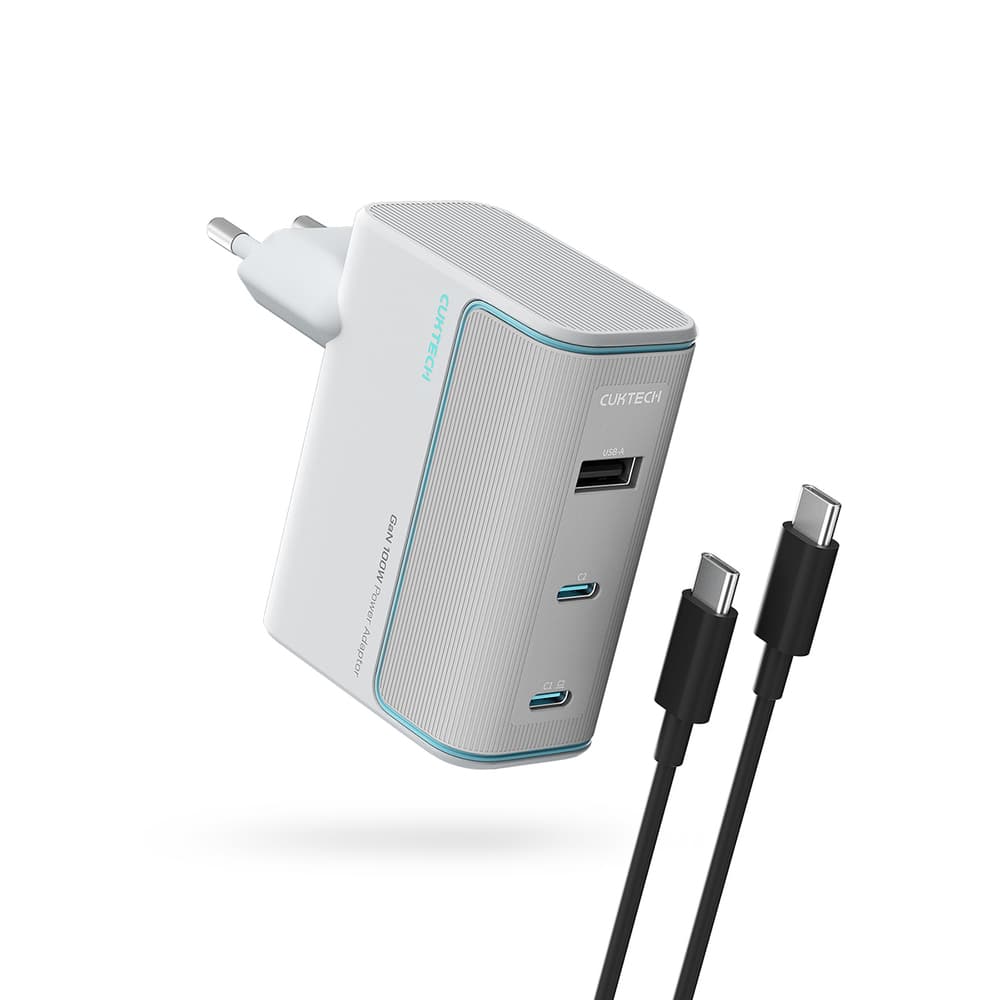 Cuktech AD1003EU 100W GaN zidni polnilnik, 2xUSB-C + USB-A s kablom, bel