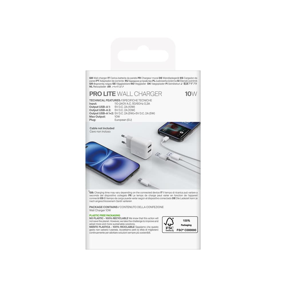 Puro PROLITE 10W 2x USB-A stenski polnilnik - bel 3