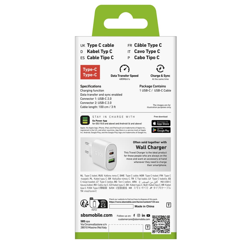 SBS kabel USB-C - USB-C Power Delivery 25W 1m - bel 2