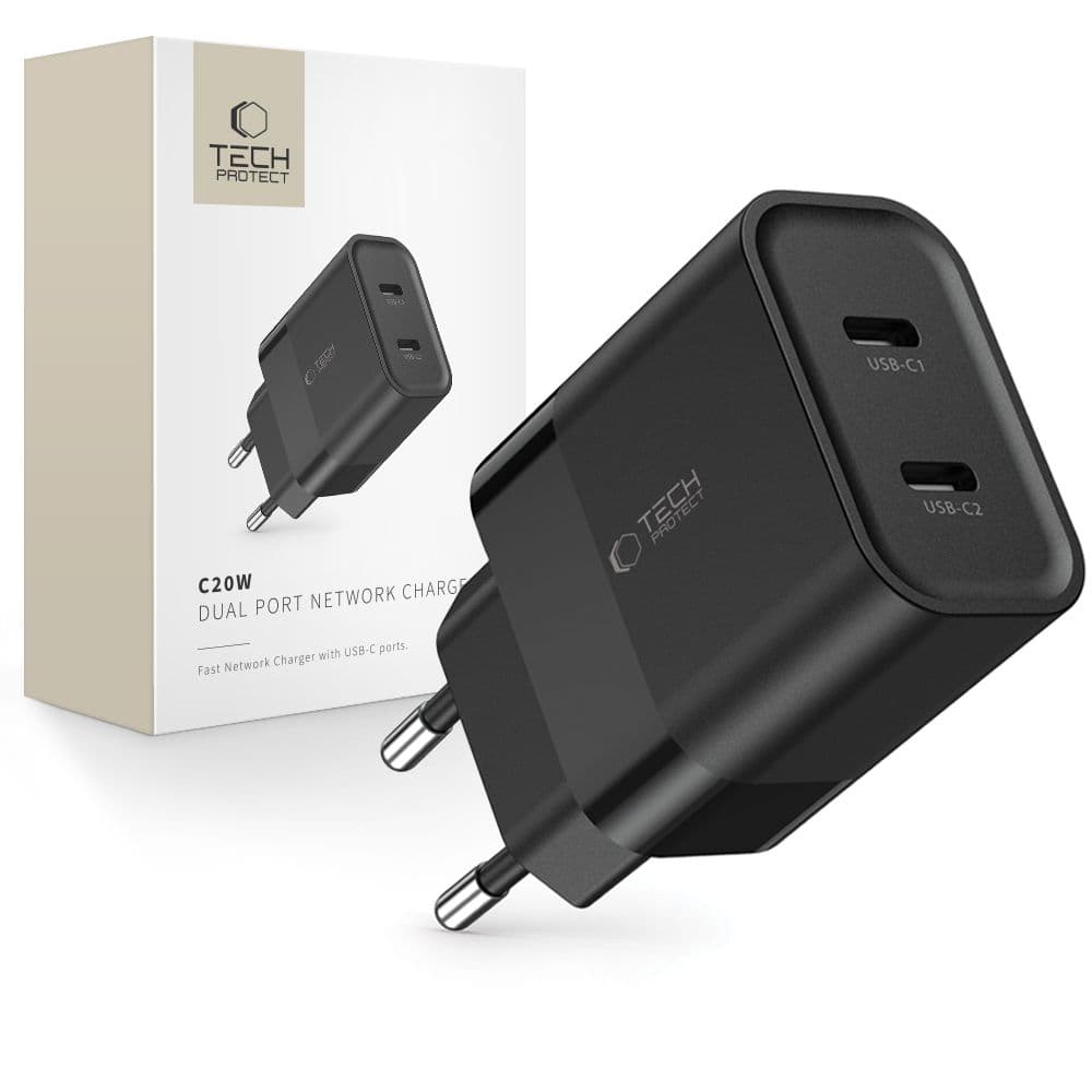 Tech-Protect C20W polnilnik 2x USB-C PD 20W - Črn