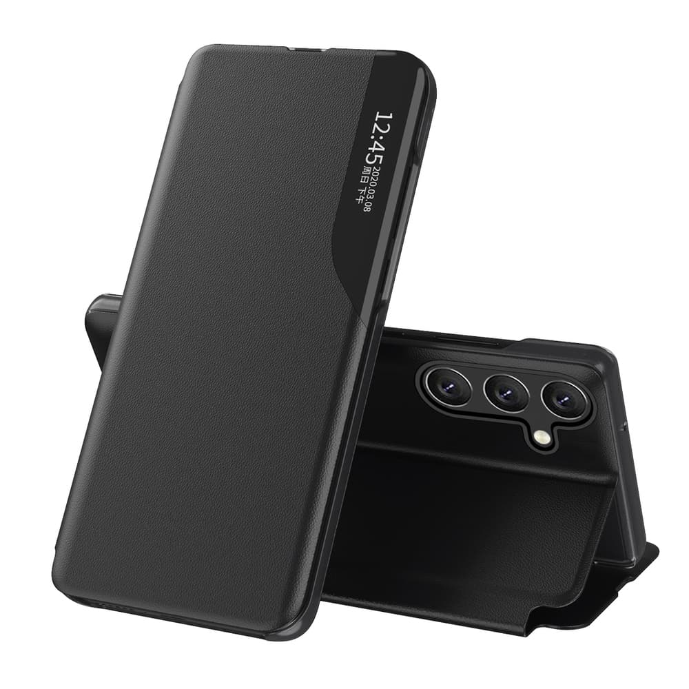 Hurtel Eco Leather View Case etui za Samsung Galaxy A24 4G s stojalom, črn
