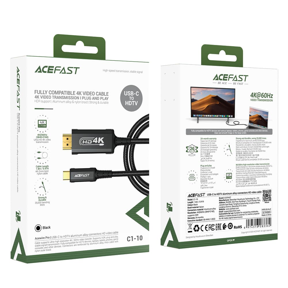 Acefast C1 USB-C na HDMI kabel 4K 60Hz HDR, 1.8m, črn 7