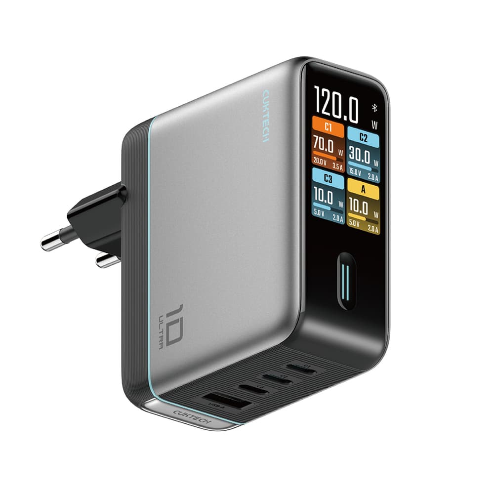 Cuktech AD1204U 120W GaN polnilec z zaslonom in USB-C kablom - Srebrn