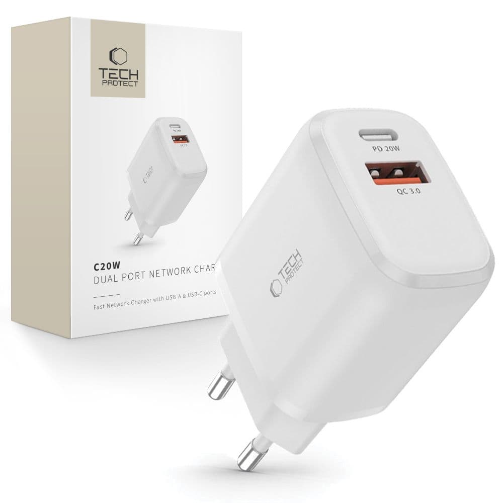 Tech-Protect C20W polnilnik USB-C PD 20W / USB-A QC 3.0 - bel