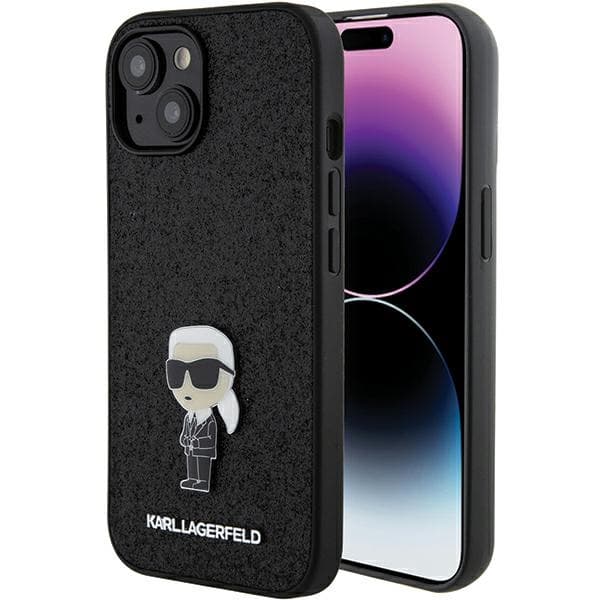 Ovitek Karl Lagerfeld Glitter Ikonik Logo Metal Pin za iPhone 15 - črna