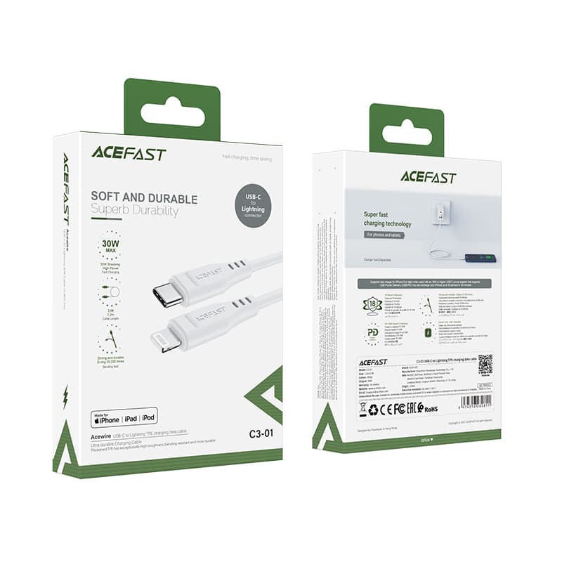 Acefast USB-C na Lightning kabel 1.2m, 30W, 3A, bel (C3-01) 5