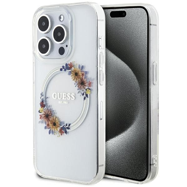 Guess IML Flowers Wreath MagSafe etui za iPhone 15 Pro - prozoren