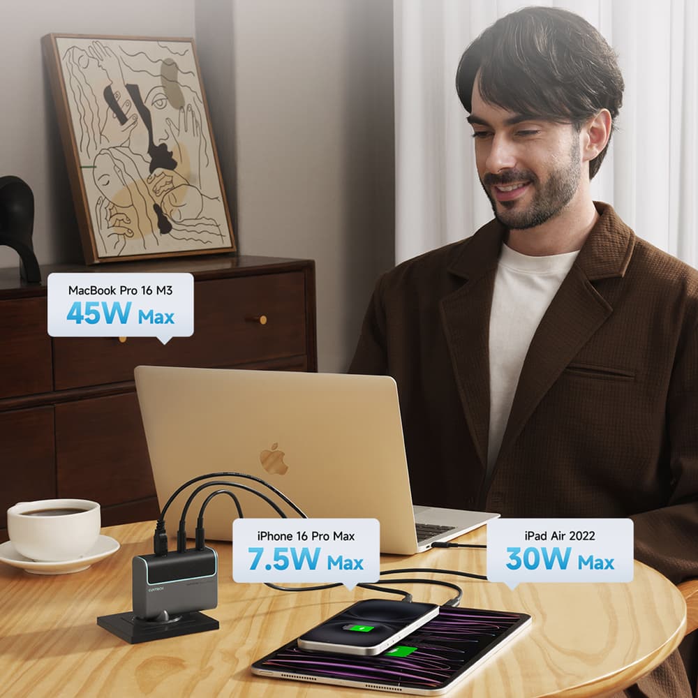 Cuktech GaN 100W stenski polnilnik 2x USB-C, 1x USB-A s kablom - siv 5