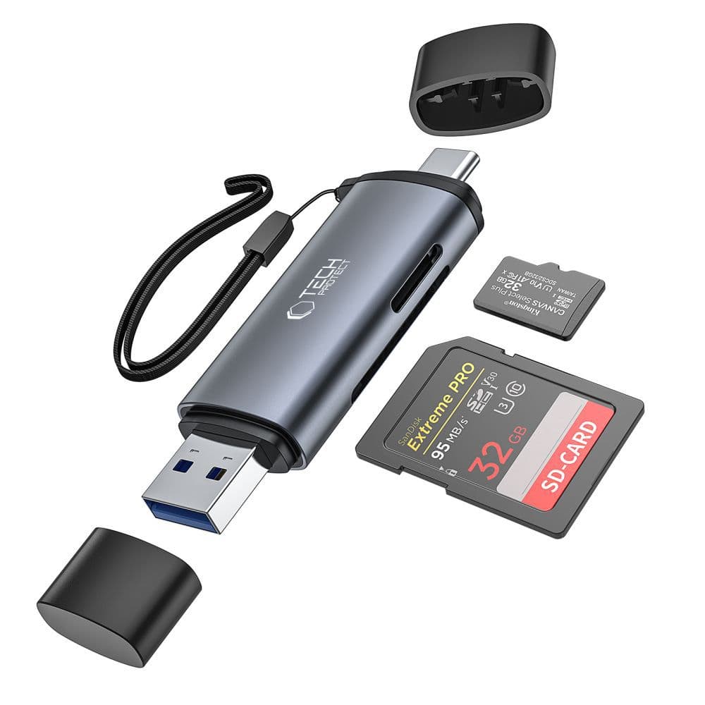 Bralnik kartic Tech-Protect UltraBoost SD/micro SD, USB-C/USB-A - siv