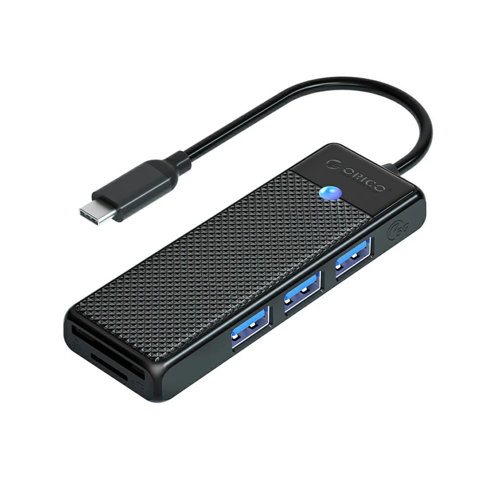Orico PAPW3AT-C3 USB Hub, 4-port, 3x USB-A 3.0, bralnik kartic microSD/SD, 1,8 m, črn