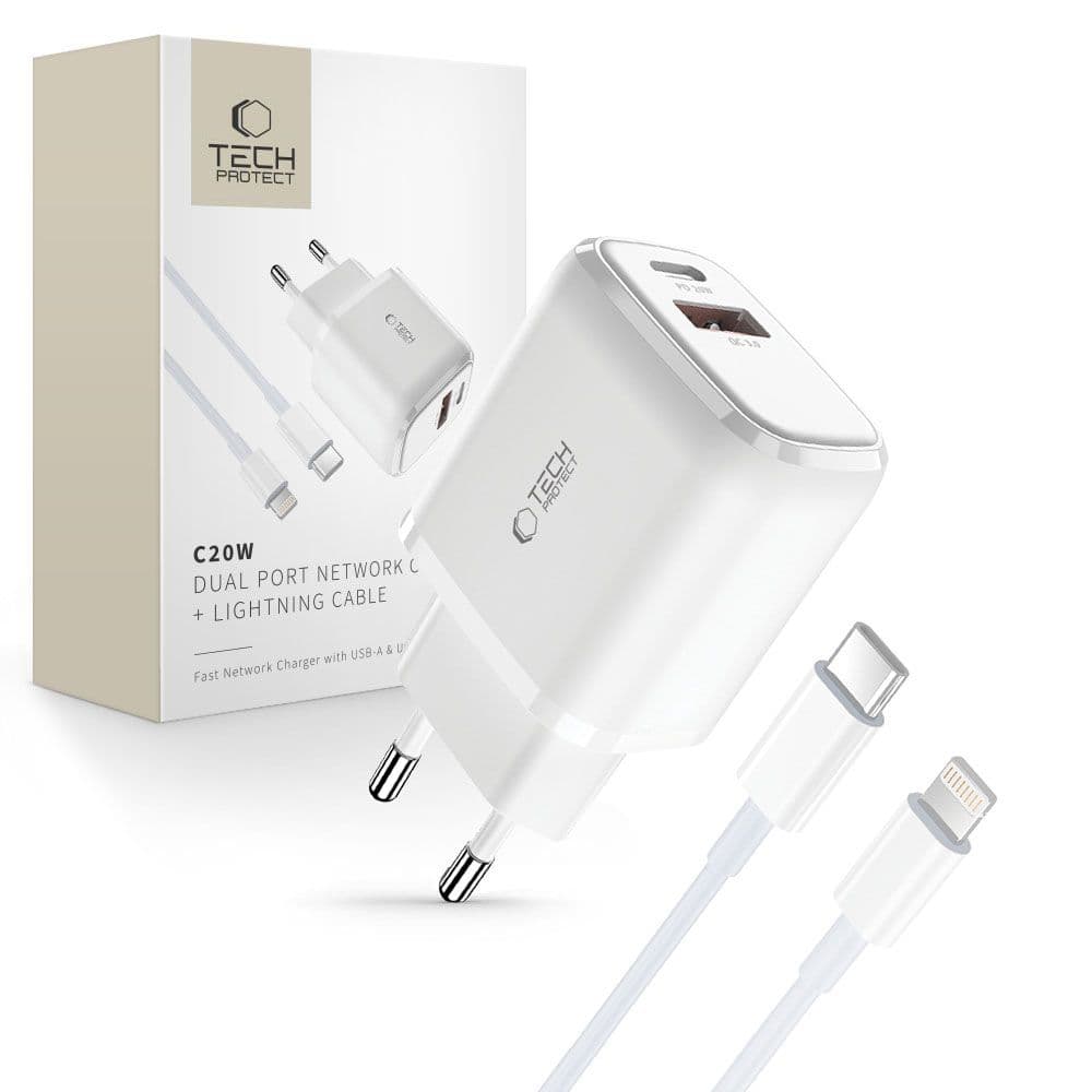 Tech-Protect C20W polnilnik USB-C PD 20W / USB-A QC 3.0 s kablom USB-C / Lightning - bel