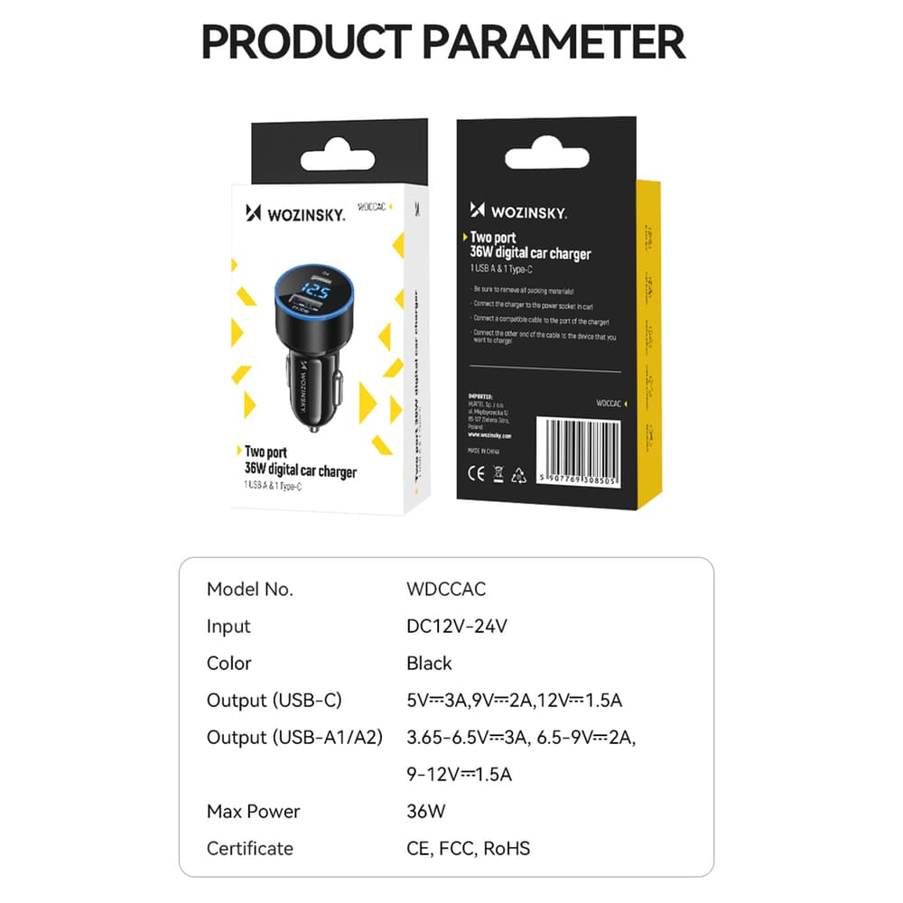 Avtomobliski polnilec Wozinsky WDCCAC USB-C/USB-A 36W - Črna 5