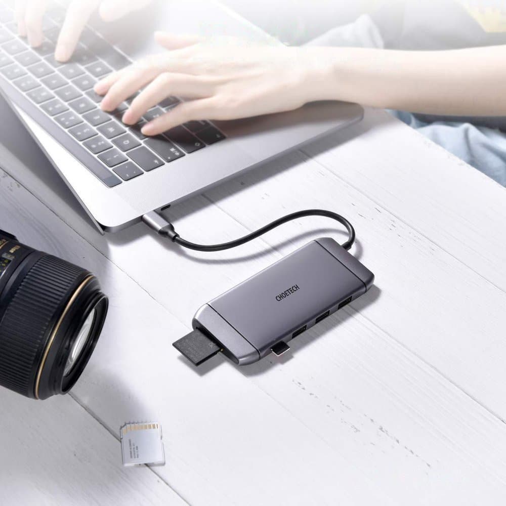 Choetech 9v1 USB C HUB adapter - HDMI, VGA, USB 3.2, RJ45, sivi HUB-M15 2