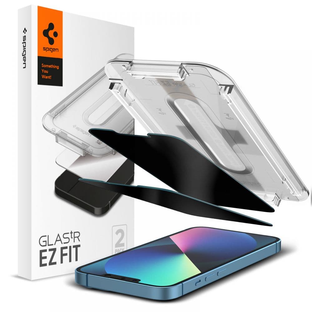 Spigen Glas.tR EZ Fit kaljeno steklo s funkcijo privatnosti za iPhone 13 / 13 Pro / 14 / 16e / 17e - 2 kosa