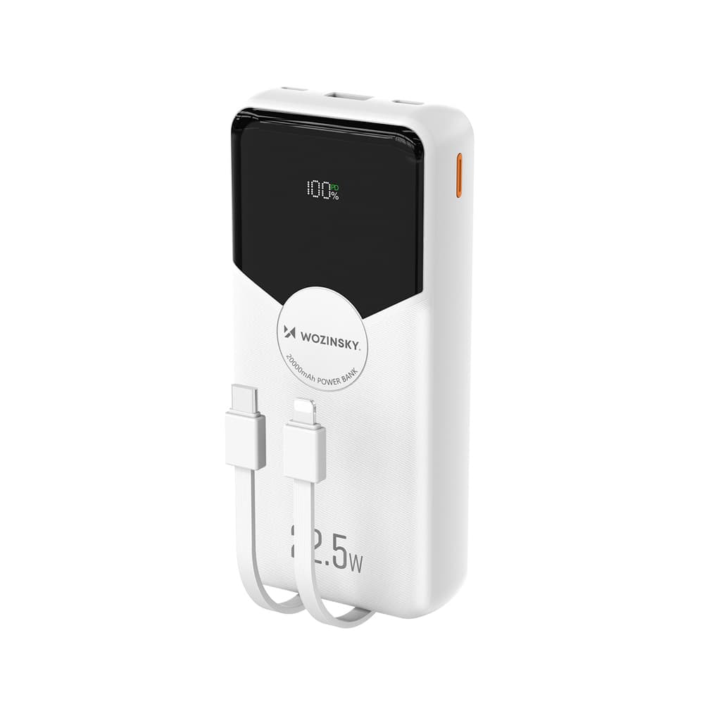Wozinsky WFC-15W Powerbank 20000mAh, 22.5W PD, z vgrajenima kabloma (Lightning/USB-C) - bela