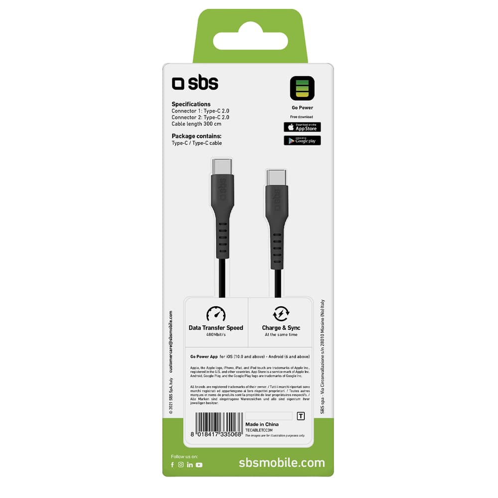 SBS TECABLETCC3M USB-C na USB-C kabel, 3m, črn 3