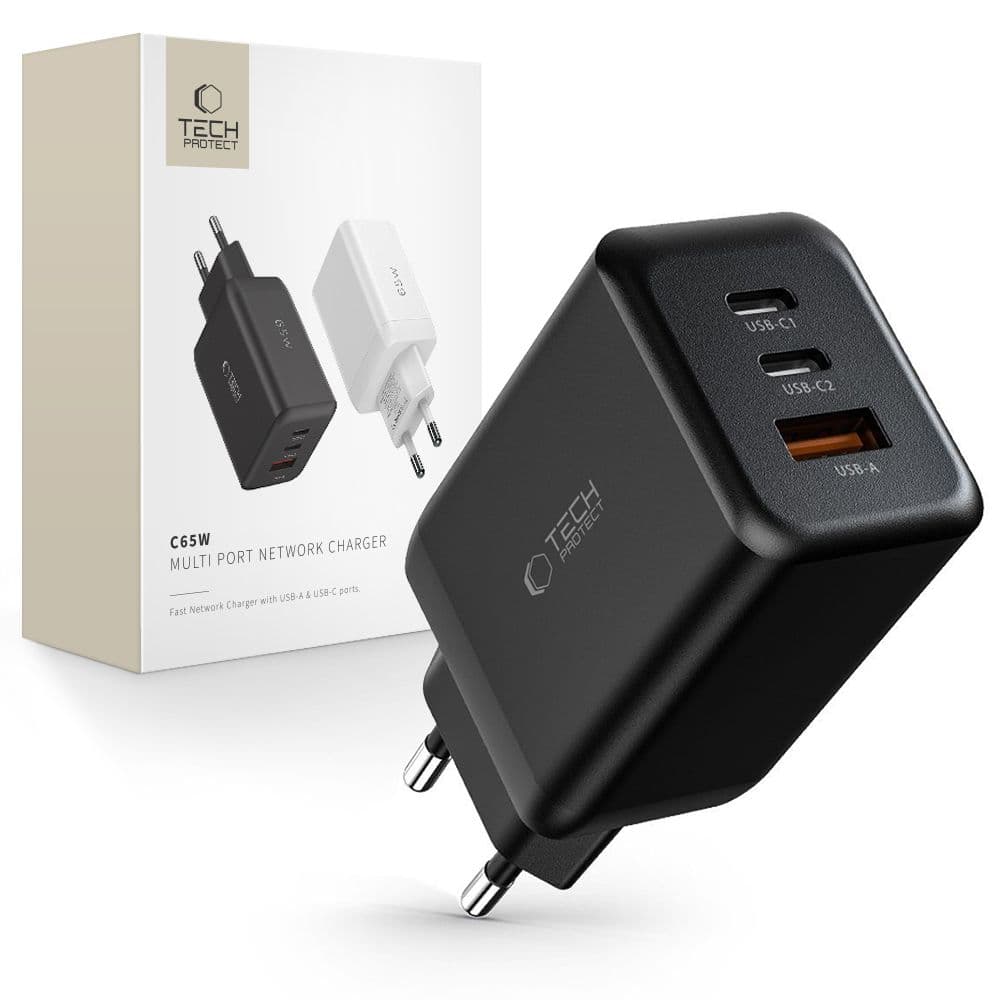 Tech-Protect C65W polnilec 2x USB-C PD 65W / USB-A QC 3.0 - črn