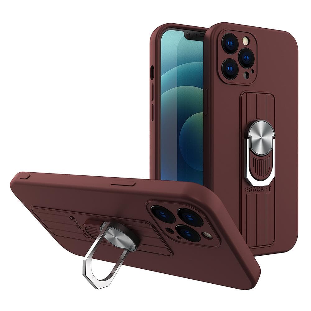 Hurtel Ring Case silikonski ovitek z oporočno prstanko za iPhone 12 Pro, rjava