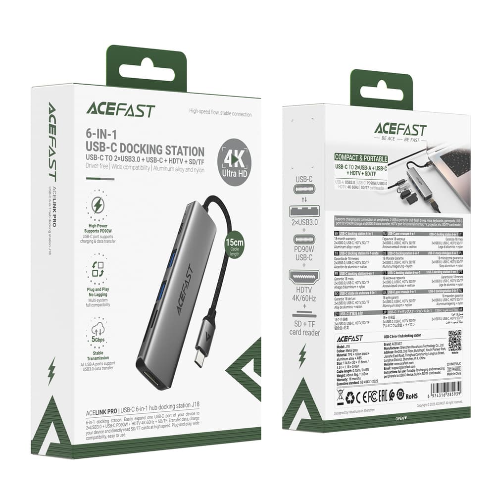 Acefast J18 USB-C Hub 6-v-1, HDMI 4K 60Hz, PD 90W, čitalnik kartic, siva 4