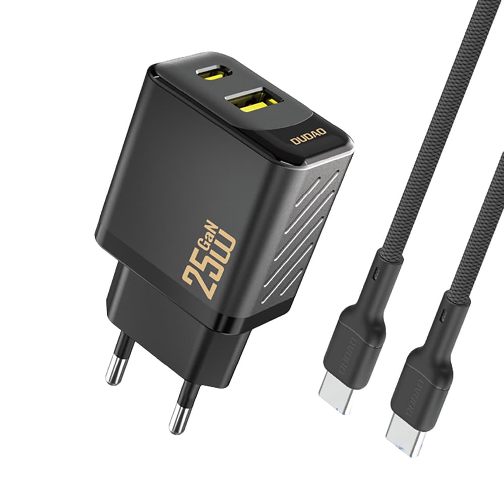 Dudao A26TCEU PD QC 25W GaN stenski polnilnik USB-A + USB-C s kablom USB-C, črn