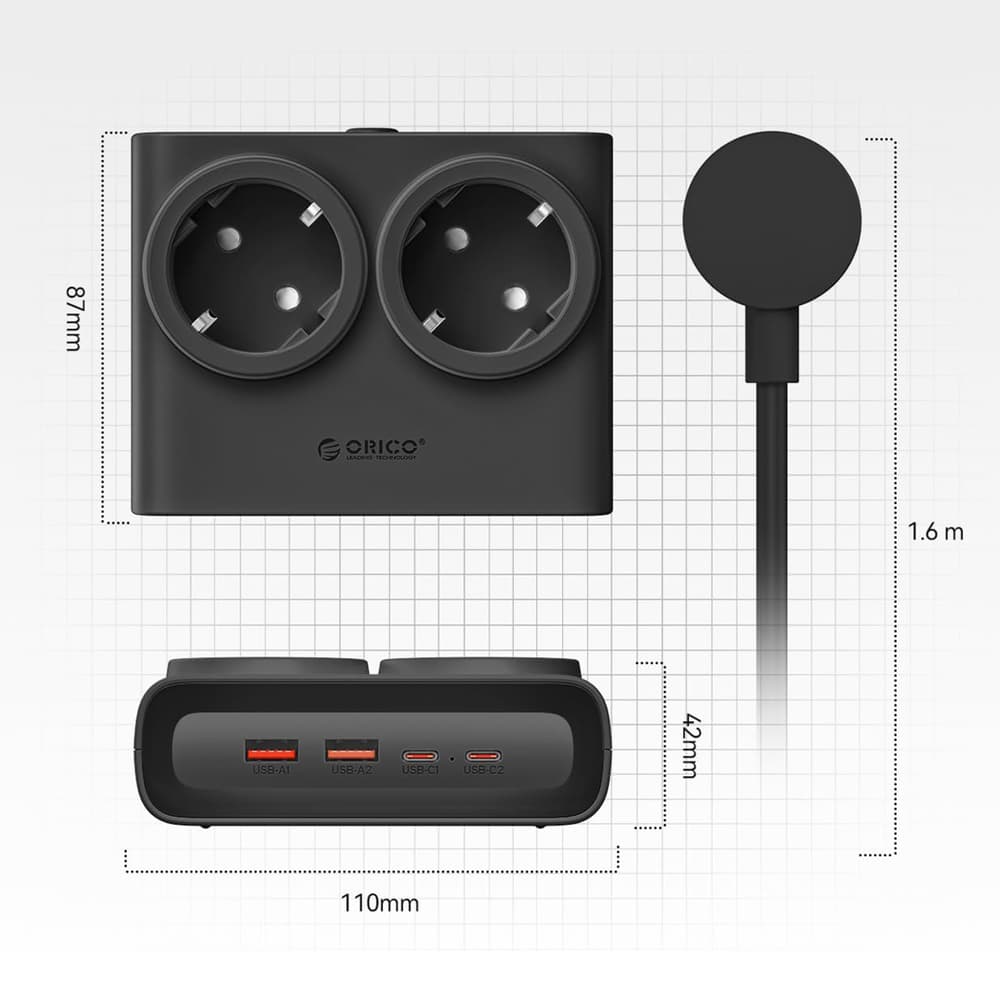 Orico PDC25 25W 6in1 napajalnik: 2x AC + 2x USB-A + 2x USB-C, črn 5