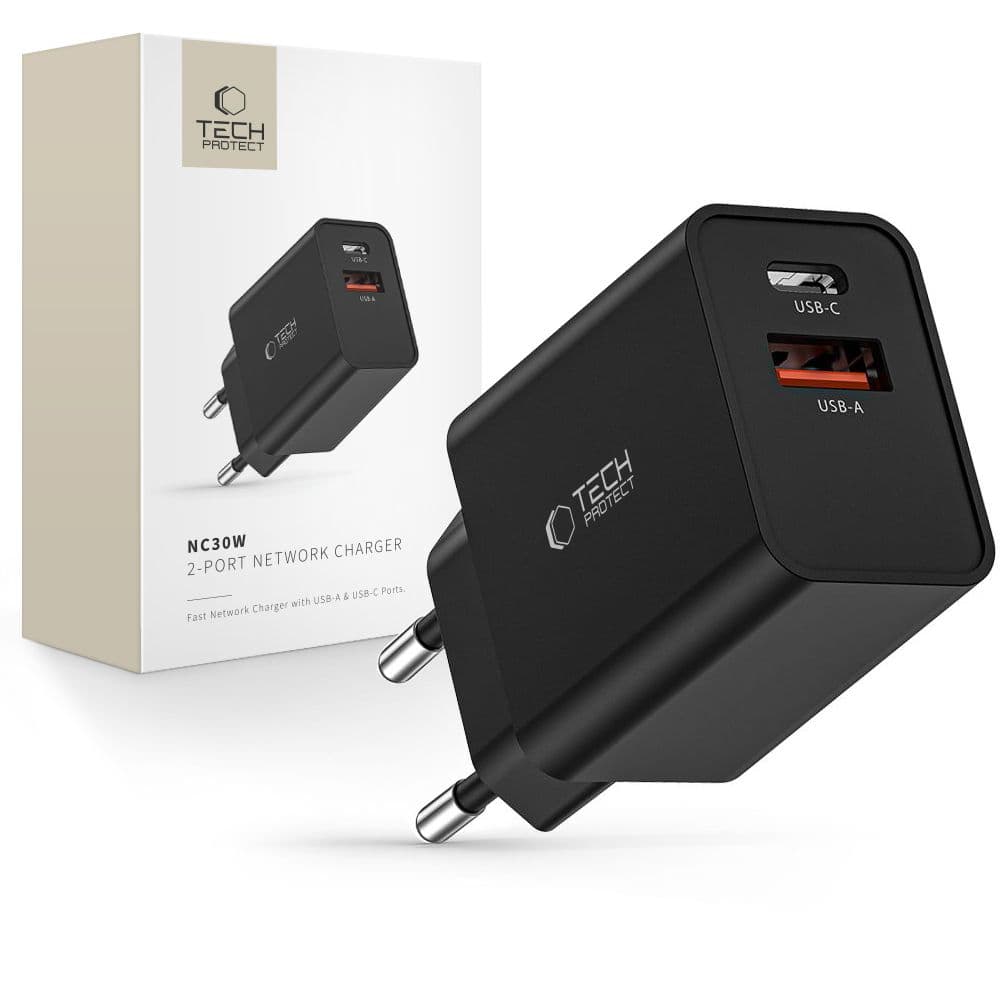 Tech-Protect NC30W polnilnik USB-C PD 30W / USB-A QC 3.0 - črn