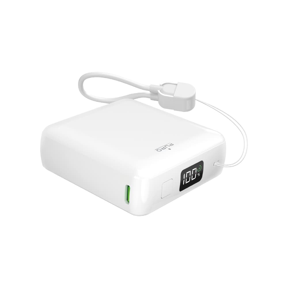 Puro 10000mAh 20W Powerbank z zaslonom in vgrajenim USB-C kablom – bela