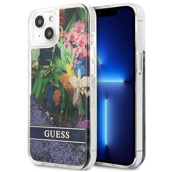 Ovitek za iPhone 13 mini Guess Flower Liquid Glitter, moder