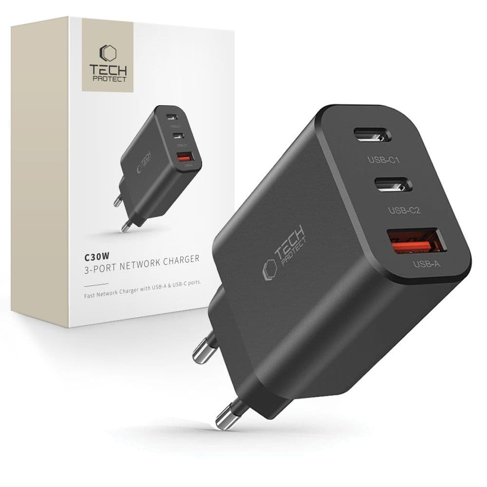 Tech-Protect NC30W polnilec 2x USB-C PD 30W / USB-A QC 3.0 - črn