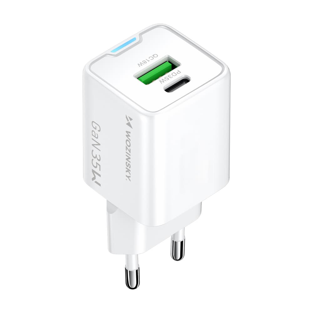 Wozinsky WWC-35W GaN USB-A + USB-C Zidni polnilnik - bel
