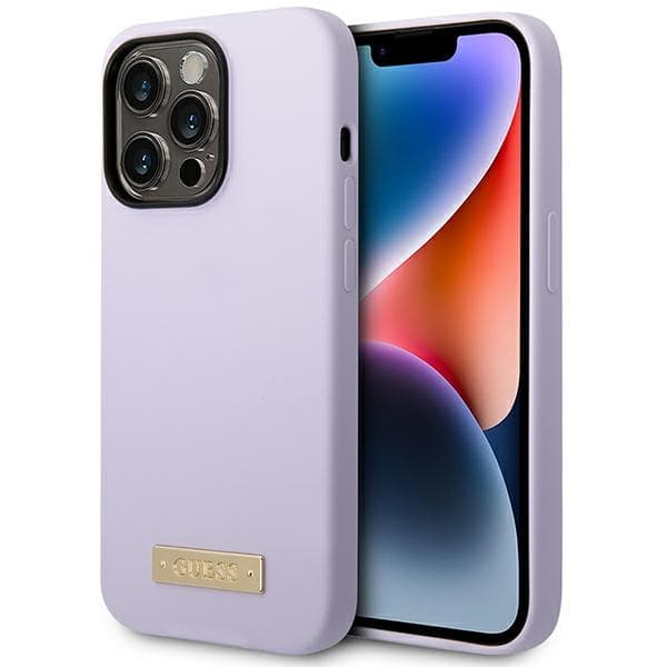 Ovitek Guess Silicone Logo Plate MagSafe za iPhone 14 Pro, vijoličen