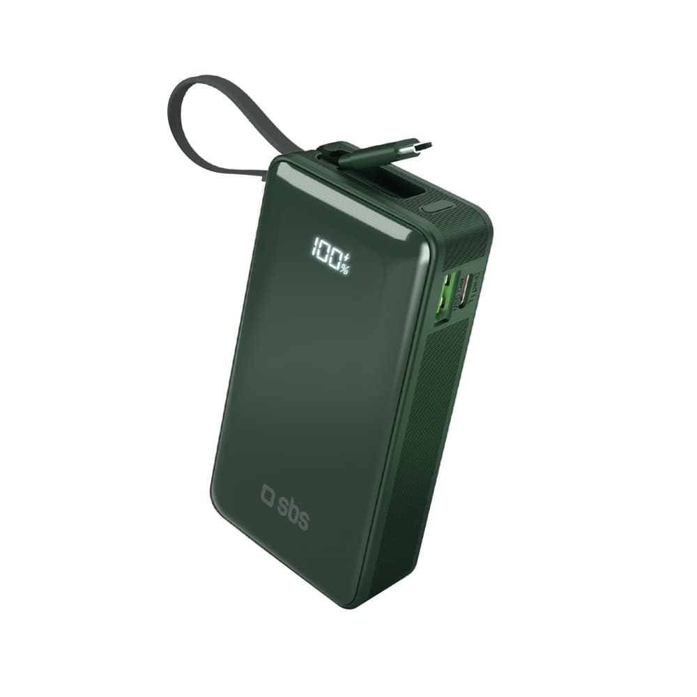 Powerbank SBS 10000 mAh 20W, vgrajen kabel USB-C, zaslon - Zelena