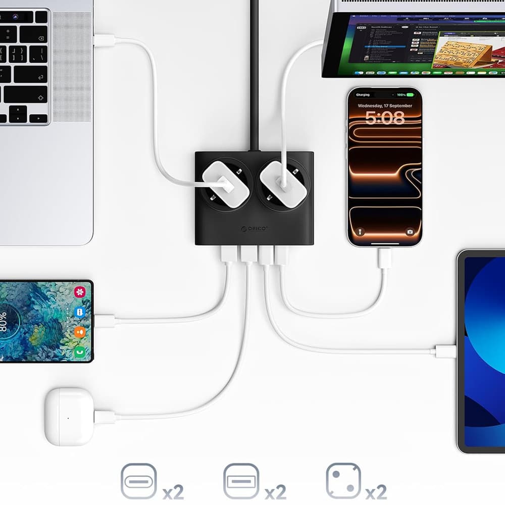 Orico PDC25 25W 6in1 napajalnik: 2x AC + 2x USB-A + 2x USB-C, črn 7