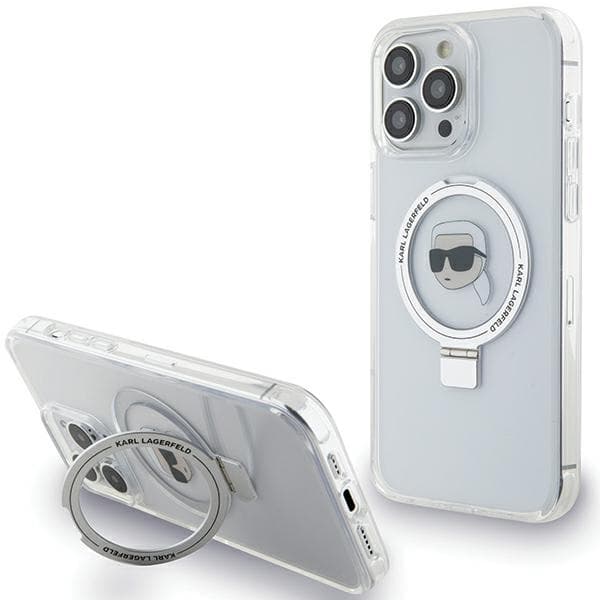 Karl Lagerfeld ovitek za iPhone 15 Pro 6.1" Ring Stand Karl Head MagSafe, bel