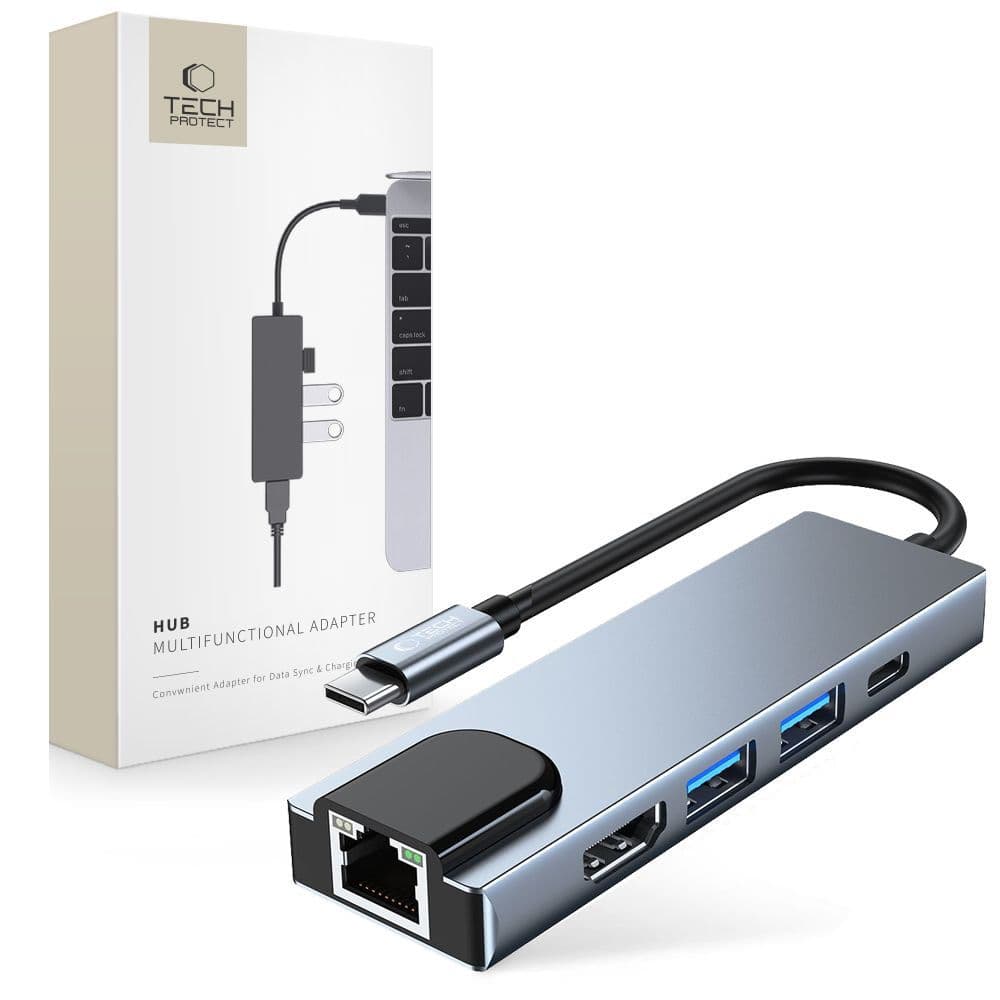 Adapter Tech-Protect V3 5v1 USB-C: USB-A 3.0 / USB-A 2.0 / USB-C / HDMI / RJ45 - siv