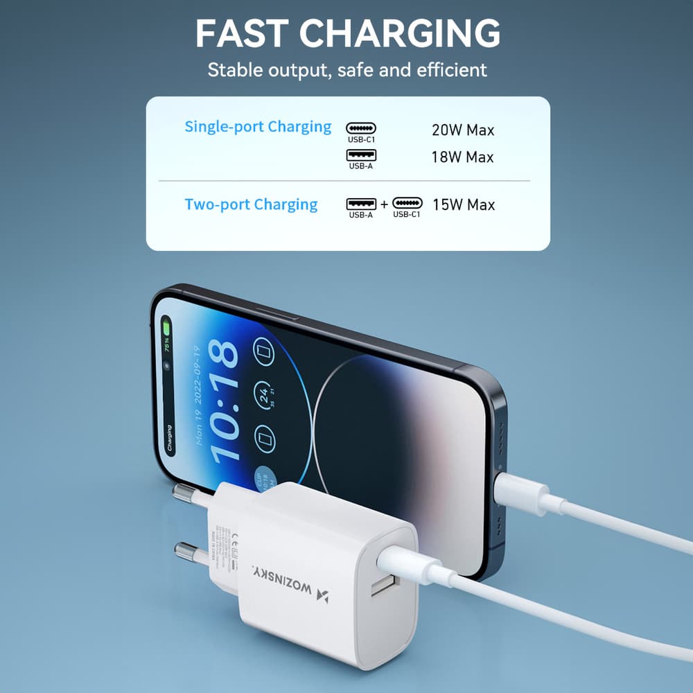 Stenski polnilnik Wozinsky WGWCW 20W, USB-A + USB-C - bel 8