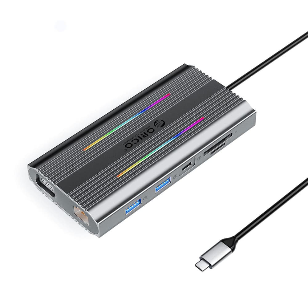 Orico XDR 12v1 RGB USB-C Docking Station (3x USB-A, 1x HDMI, 1x VGA, RJ45...) - siva