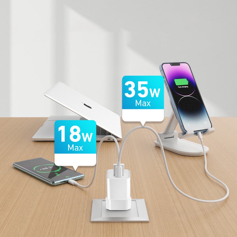 Wozinsky WWC-35W GaN USB-A + USB-C Zidni polnilnik - bel 7