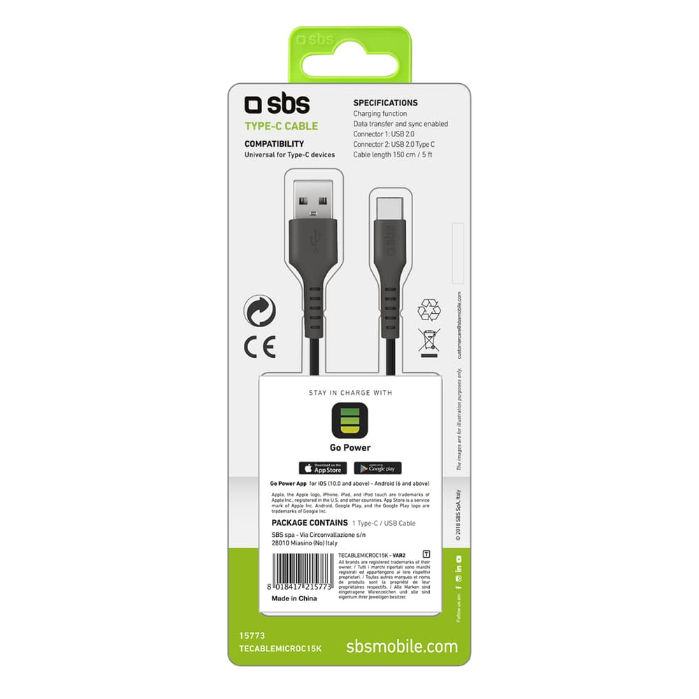 SBS kabel USB-A - USB-C 1.5m - črn 2