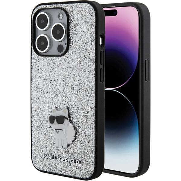 Ovitek Karl Lagerfeld Glitter Choupette Logo Metal Pin za iPhone 15 Pro Max - srebrna