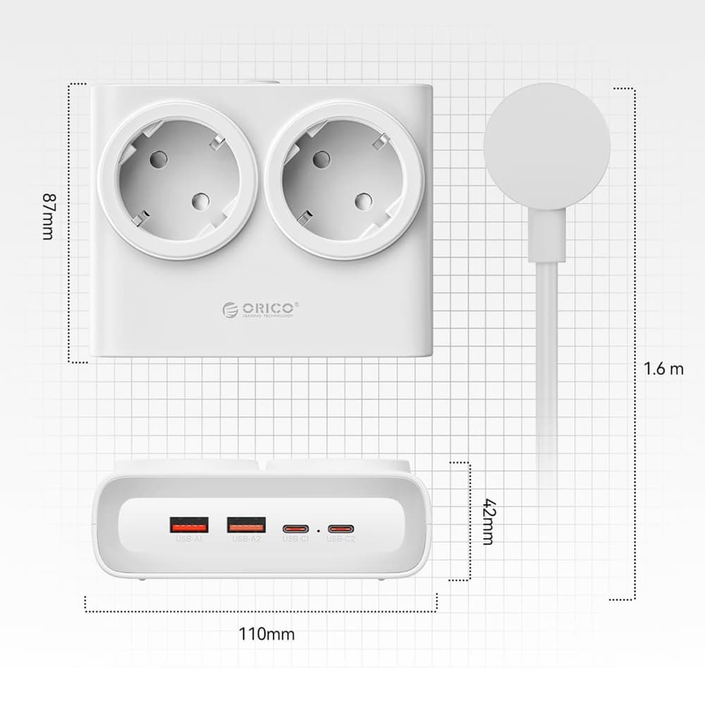 Orico PDC25 25W 6in1 napajalnik: 2x AC + 2x USB-A + 2x USB-C, bel 4