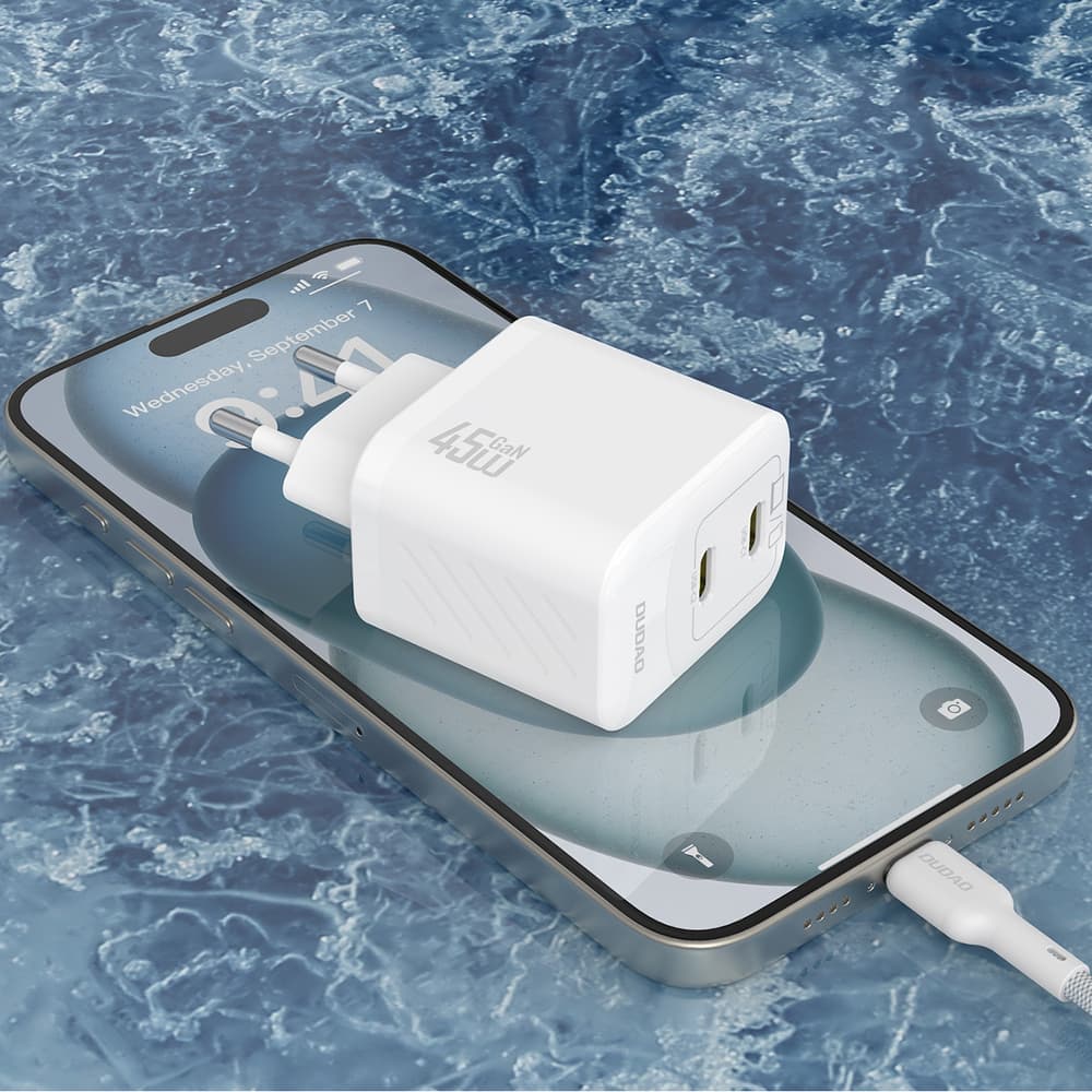 Dudao A28PCEU PD 45W GaN 2xUSB-C stenski polnilnik z USB-C kablom - bela 4