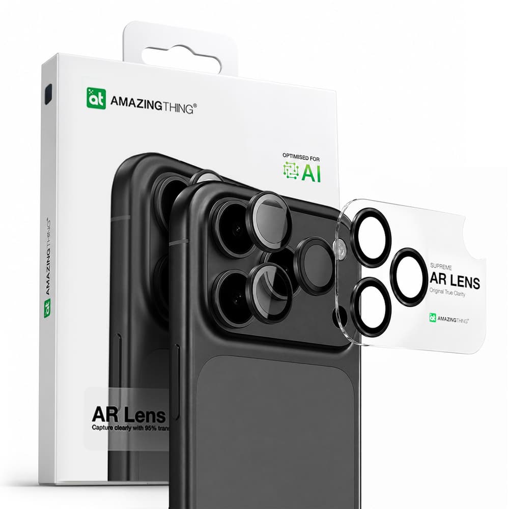 AmazingThing Zaščitno steklo za kamero iPhone 17 Pro / Pro Max, siv okvir