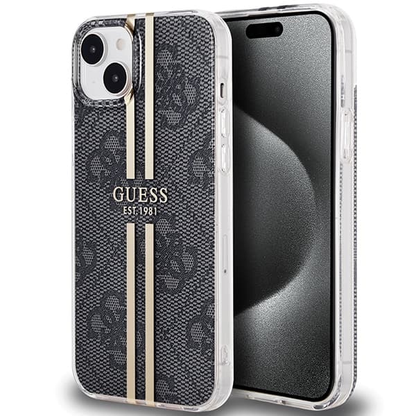 Ovitek Guess IML 4G Gold Stripe za iPhone 15 Plus / 14 Plus - črn