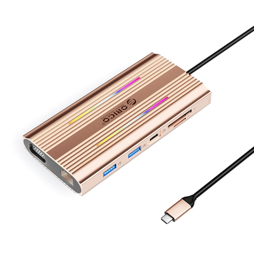 Orico XDR 12v1 USB-C Docking Station RGB, 3x USB-A, PD 100W, HDMI 4K, VGA, RJ45, Čitalnik kartic - Rose Gold