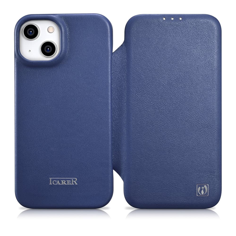 iCarer CE Premium usnjen preklopni ovitek za iPhone 14 Plus, moder (MagSafe)