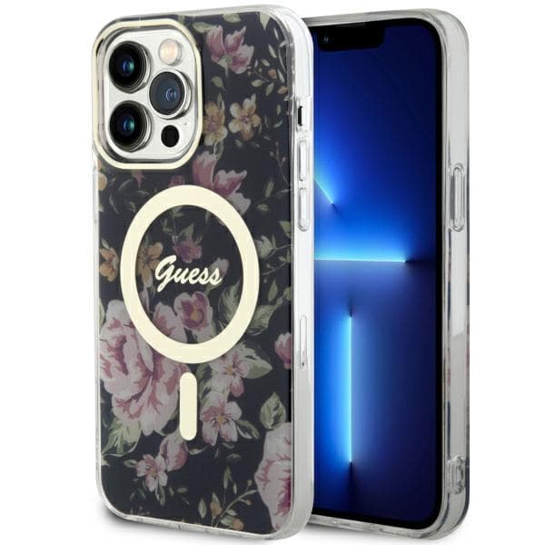 Ovitek Guess Flower MagSafe za iPhone 14 Pro Max, črn