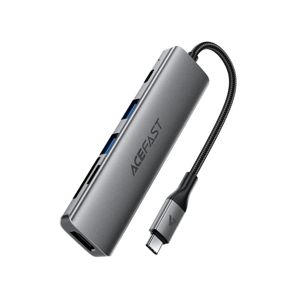 Acefast J18 USB-C Hub 6-v-1, HDMI 4K 60Hz, PD 90W, čitalnik kartic, siva